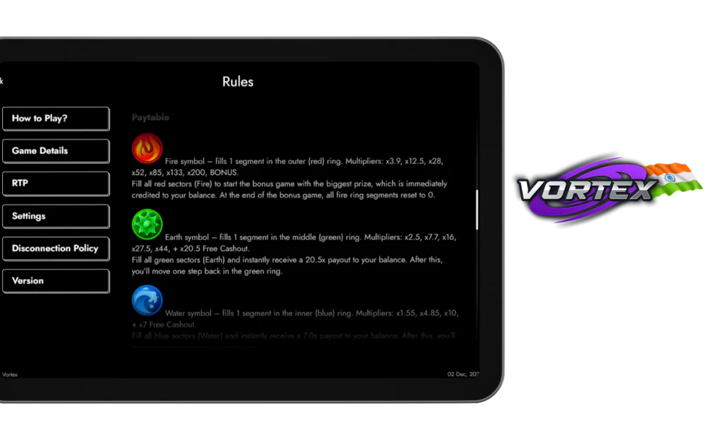 Vortex game mechanics and symbols 